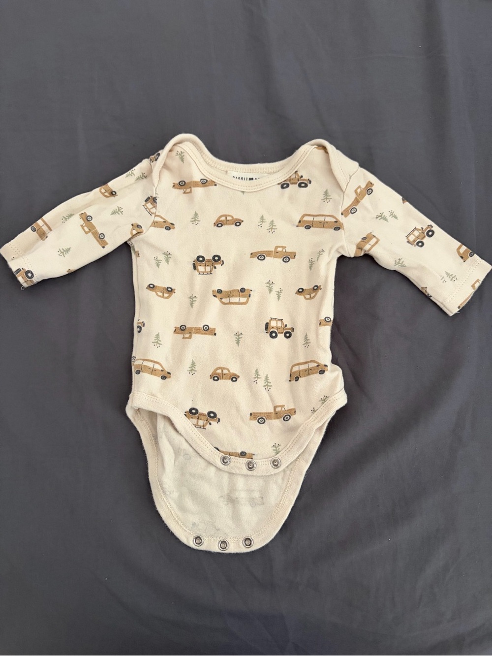 Beige Baby One-Piece Bodysuit with Car Print